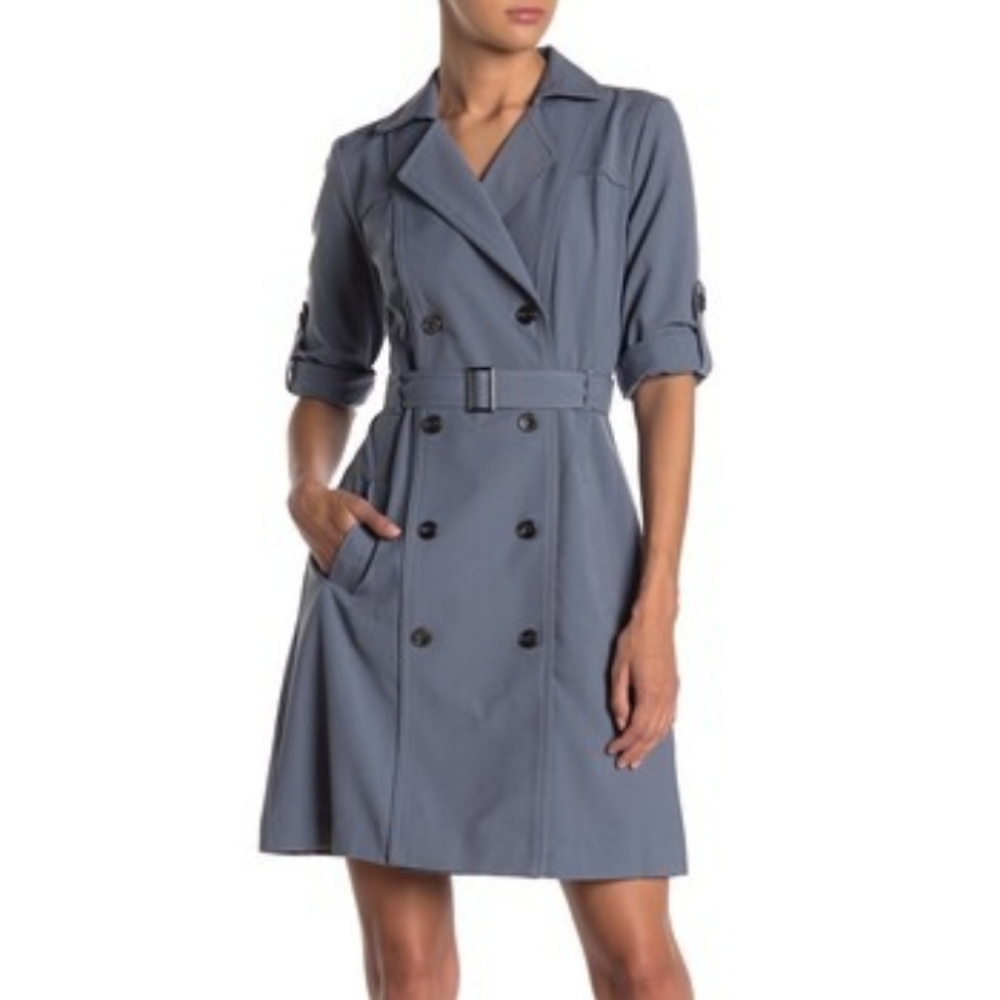 Sharagano Blue Double-Breasted Midi Trench Dress